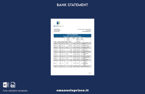 modello Excel di estratto conto bancario Gabon BGFI in stile verificato